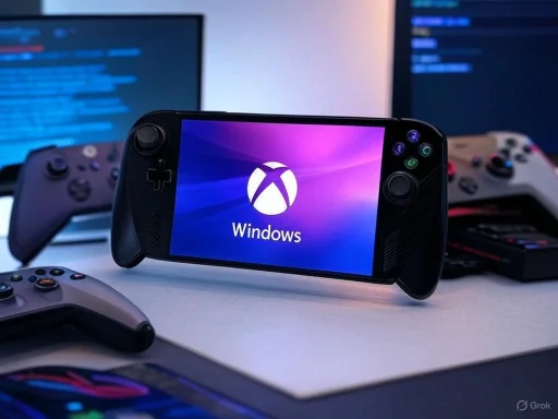 A gaming device displaying the Windows logo is surrounded by gaming controllers and monitors in a tech setup. A gaming device displaying the Windows logo is surrounded by gaming controllers and monitors in a tech setup.
