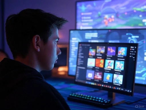 A person gaming on multiple monitors in a dark room with colorful digital screens.