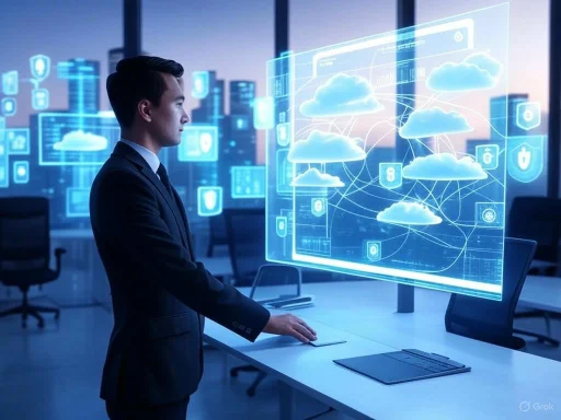 A businessman interacts with a holographic display of cloud computing and cybersecurity icons in a futuristic office.