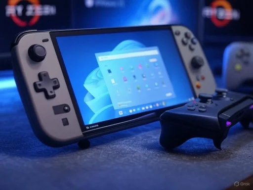 A handheld gaming device displaying a computer screen, with a controller attached, on a gaming setup.