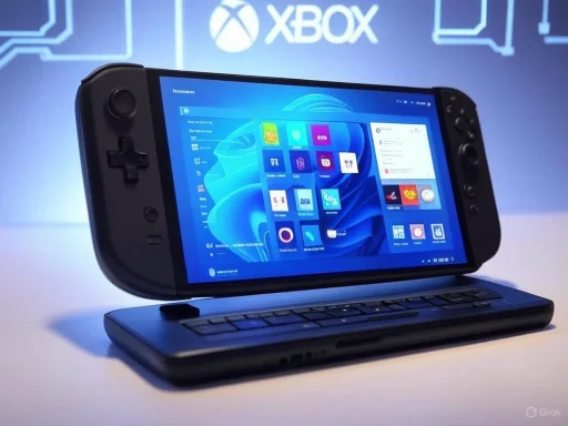 A handheld gaming console with a detachable screen, displayed with a Bluetooth keyboard, at an Xbox event.