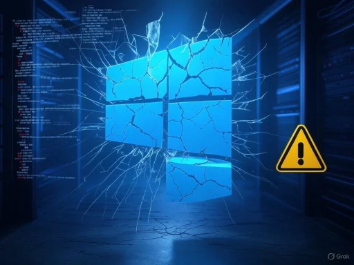 A Microsoft Windows logo appears cracked and shattered, with a warning sign indicating a system failure or security alert.