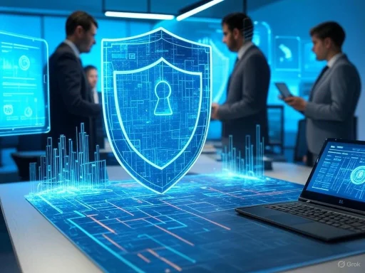 Futuristic digital security interface with shield and keyhole graphics in a business office setting.