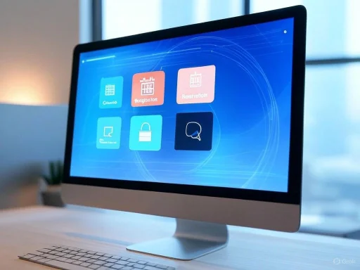 An iMac displays a digital interface with icons for calendar, restroom, and other app functions.