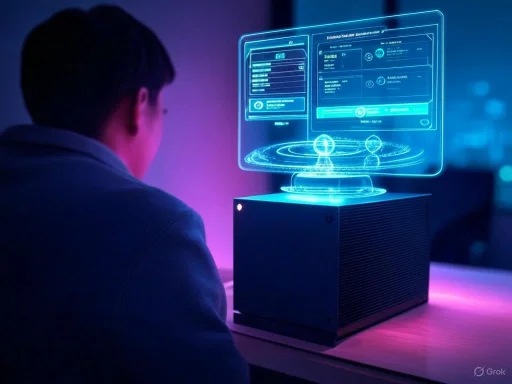 A person interacts with a holographic digital interface projected from a computer in a futuristic setting. A person interacts with a holographic digital interface projected from a computer in a futuristic setting.