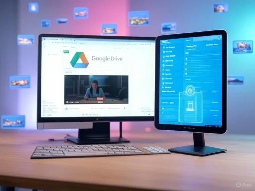 A workspace with a monitor and tablet displaying Google Drive, surrounded by floating digital images against a colorful background.