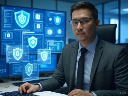 A professional in a suit and glasses works at a computer with digital security shields displayed on screens.