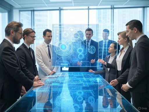 Business professionals discuss futuristic holographic data displays in a high-tech conference room.