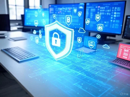 Digital security concept with shield and lock icons on multiple monitors and a desk.