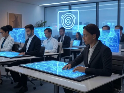 Business professionals work with advanced holographic screens in a high-tech conference room.