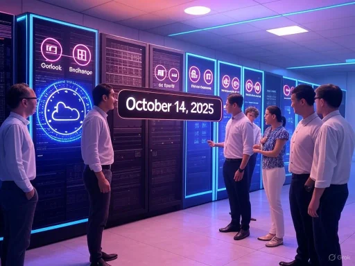 People in business attire attend a high-tech presentation or tour in a futuristic server room on October 14, 2025.