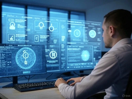 A man works at a high-tech medical data analysis station with multiple futuristic digital displays.