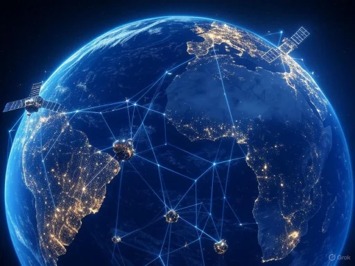 Earth viewed from space with illuminated continents and network connections across the globe.