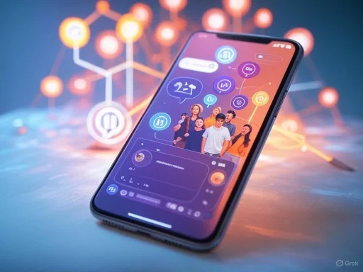 A smartphone with a social media app showing diverse people and chat icons, set against a digital network background.