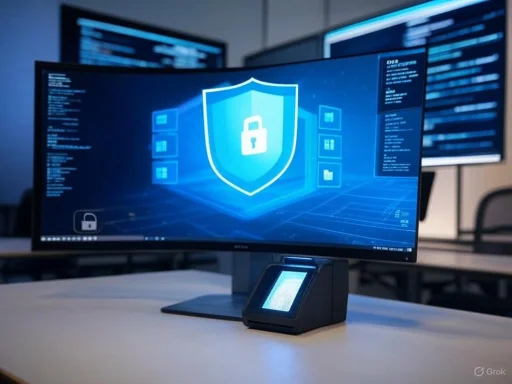 A computer monitor displaying a digital security shield with a padlock icon in a high-tech environment.