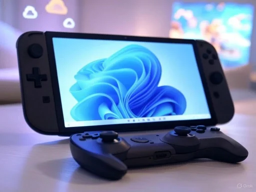 A gaming setup with a Nintendo Switch console and a detachable controller on a white desk.