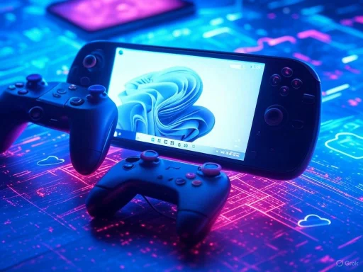 A handheld gaming console with controllers on a neon-lit, digital-themed surface.