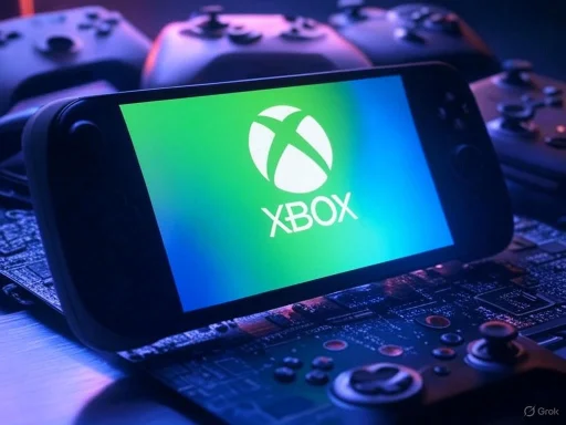 A handheld gaming console displaying the Xbox logo, surrounded by game controllers on a gaming setup.