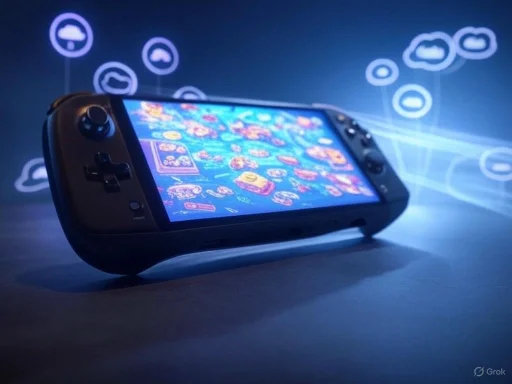 A handheld gaming console displaying a colorful game screen with digital cloud icons in the background.