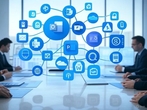 Business professionals discuss interconnected cloud computing and digital information management concepts.