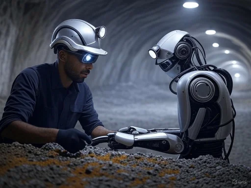A man and robot work together underground with a tunnel in the background, both equipped with helmets and lights.