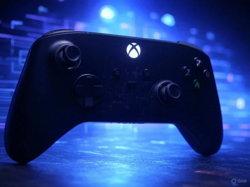 A black Xbox controller is illuminated by a glowing Xbox logo, set against a digital, futuristic background.