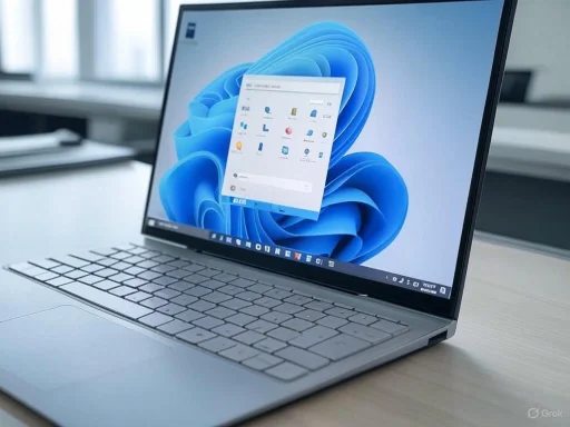 A sleek, modern laptop open on a desk, displaying a Windows 11 desktop with a colorful blue swirl background.