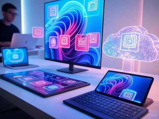 Digital devices displaying cloud storage icons in a high-tech, futuristic setup.