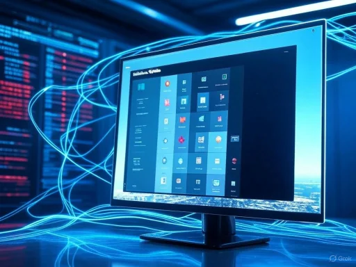 A computer monitor displays a user interface with app icons, surrounded by glowing blue digital data lines in a high-tech setting.
