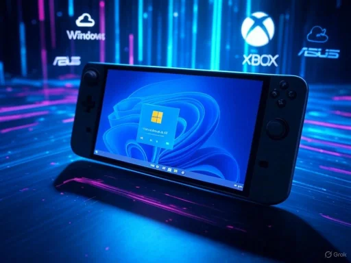 A handheld gaming device displaying a Windows interface, with glowing logos of Windows, ASUS, Xbox, and ASUS Cloud in the background.