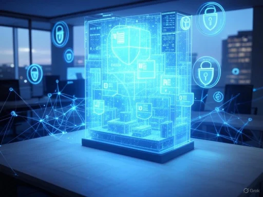 A digital hologram of a secure data storage system with lock icons, representing cybersecurity and data protection.