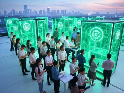 People observing glowing digital displays in a cityscape setting at sunset.