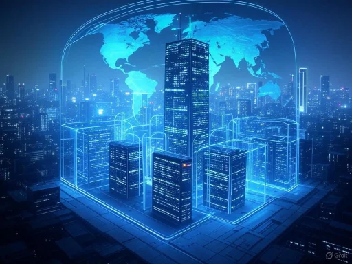 A futuristic cityscape with holographic skyscrapers and a global digital map overlay.