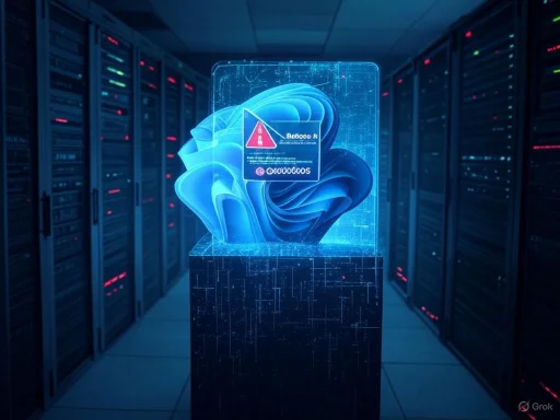 A digital hologram of Windows 11 logo displayed in a data center with server racks.