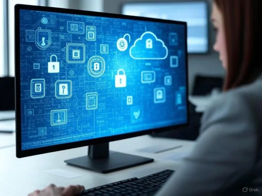 A person views a computer screen with digital icons representing cybersecurity, encryption, and cloud security.