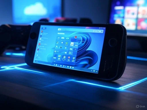 A gaming smartphone displaying a Windows-style interface, illuminated by blue LED lighting on a desk.