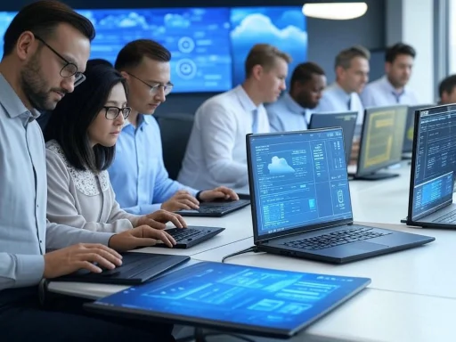 A group of professionals works on laptops in a modern conference room, analyzing data on multiple screens.