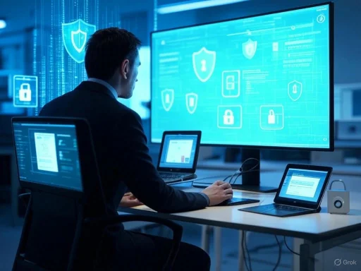 A man in a suit analyzes cybersecurity data on multiple screens displaying shield and lock icons.