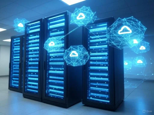 Server racks with digital cloud icons and network graphics representing cloud computing technology. Server racks with digital cloud icons and network graphics representing cloud computing technology.
