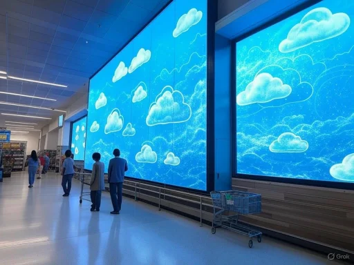 People are walking past large digital cloud illustrations in a modern store or airport. People are walking past large digital cloud illustrations in a modern store or airport.