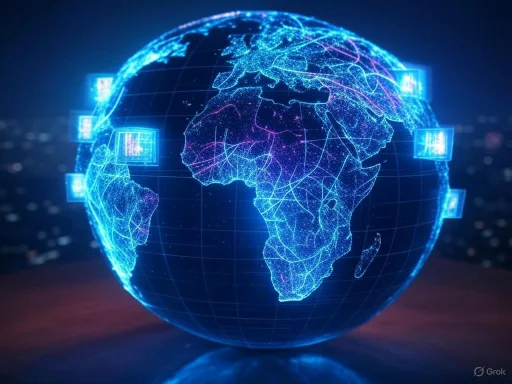 A digital, glowing globe showcasing global internet connectivity and data networks across Africa and surrounding continents.