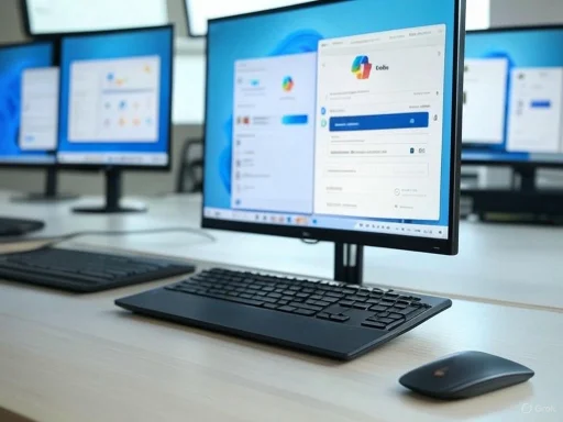 A computer workstation with multiple screens, keyboard, and mouse in a modern office environment.
