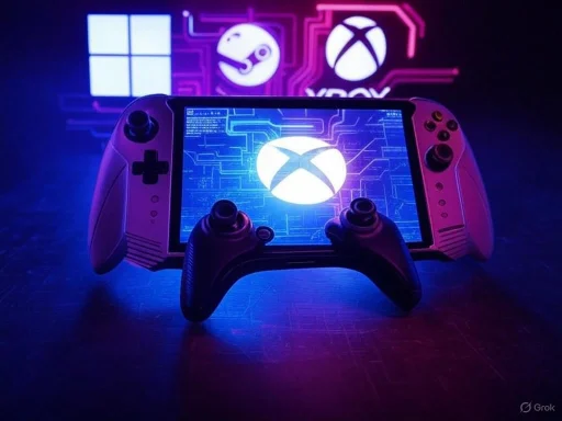 A gaming device with a controller shows the Xbox logo, illuminated by neon lights of Xbox, Windows, and other gaming icons.