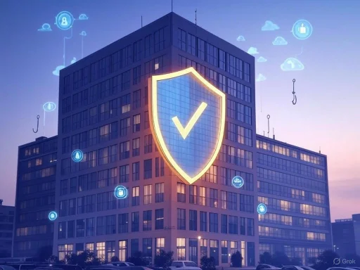 A building with an illuminated shield and checkmark symbol, featuring digital security icons floating in the sky. A building with an illuminated shield and checkmark symbol, featuring digital security icons floating in the sky.