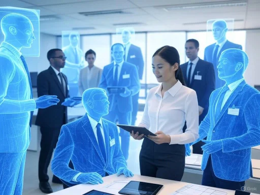 A woman in a white shirt interacts with holographic digital business figures in a futuristic meeting room.