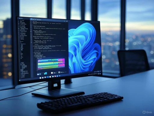 A computer monitor displaying code in a modern office with city views at sunset.