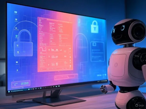 A robot with a smiling face displays cybersecurity-related graphics on a computer screen.