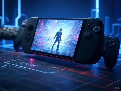 A handheld gaming console displaying a cyberpunk-themed game with a character holding a sword in a neon-lit cityscape.