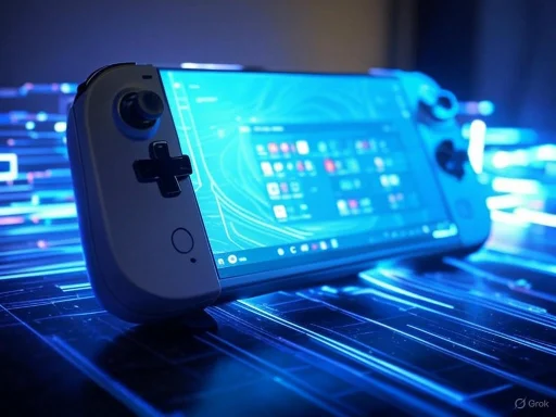 A handheld gaming console with a digital screen displaying a colorful game, surrounded by neon blue streaks.