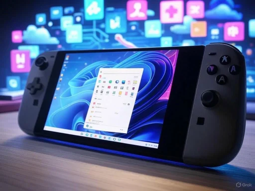 A handheld gaming console displays a Windows interface on its screen, with colorful app icons in the background.